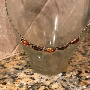 Multicolored amber necklace on silver chain.